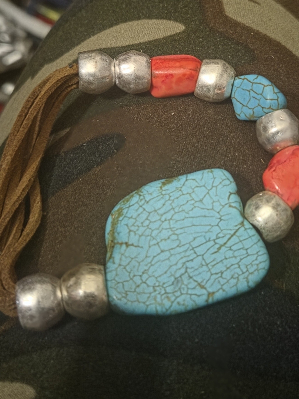 Turquoise & Coral Stone Beaded Bracelet - Unbranded